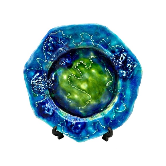 Studio Pottery Heptagon Flowers Majolica Decorative Plate Blue & Green